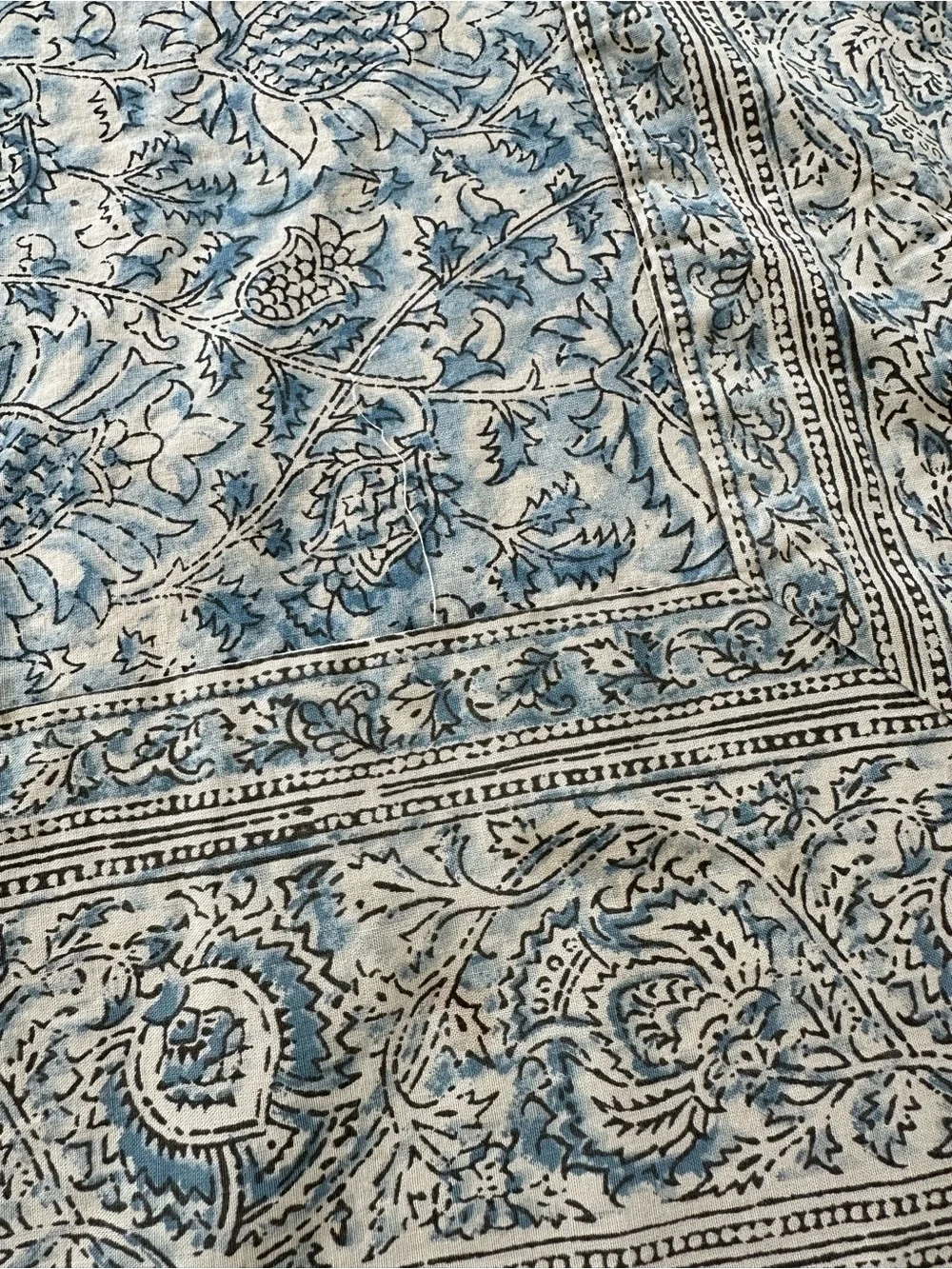 Pottery Barn Blue and Beige Floral Block-Print Tablecloth 47x47